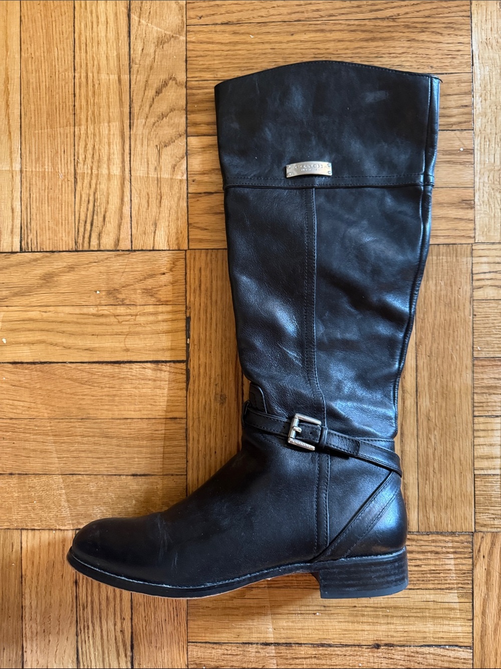 Coach Black Leather Over-the-Knee Riding Boots with Silver Buckle